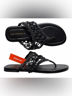 🆕 Joe Fresh | Women's Black Flat Braided Faux Leather Thong Sandals